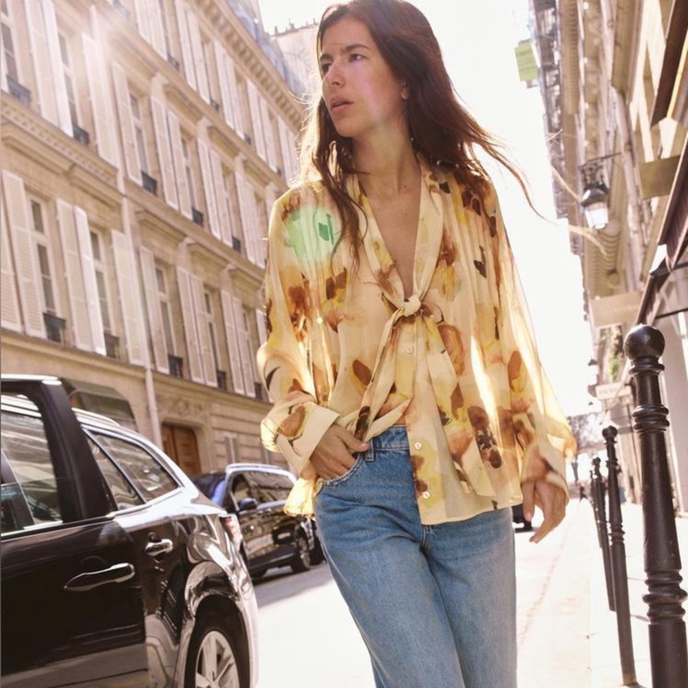 Zara Ecru Yellow Floral Print Scarf Tie Blouse S NWT